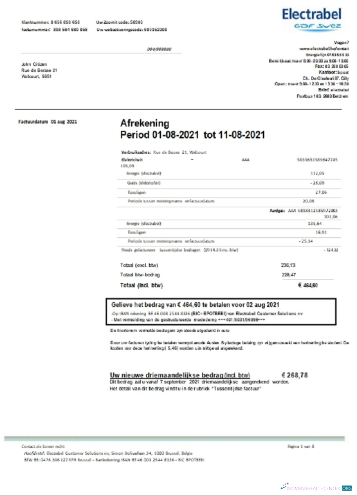 download Belgium Electrabel electricity utility bill template, fully editable in Word and PDF format PDF template